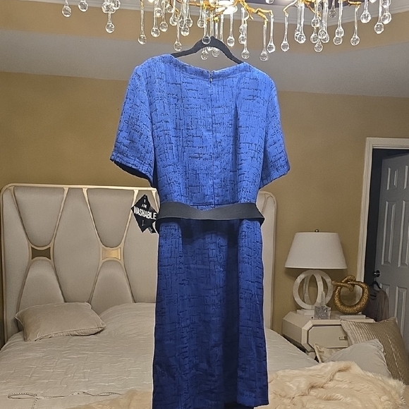 R&M Richards Blue and Black Midi Dress with Ruffled Peter Pan Collar - Picture 6 of 15